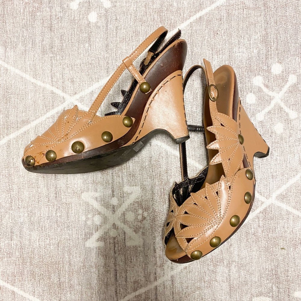 BCBG Max Azria Tan Leather Wedge Sandals